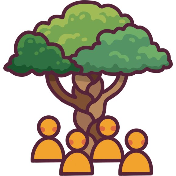 four people gathered under a tree, which is made up of separate tree trunks braided together into one tree. 